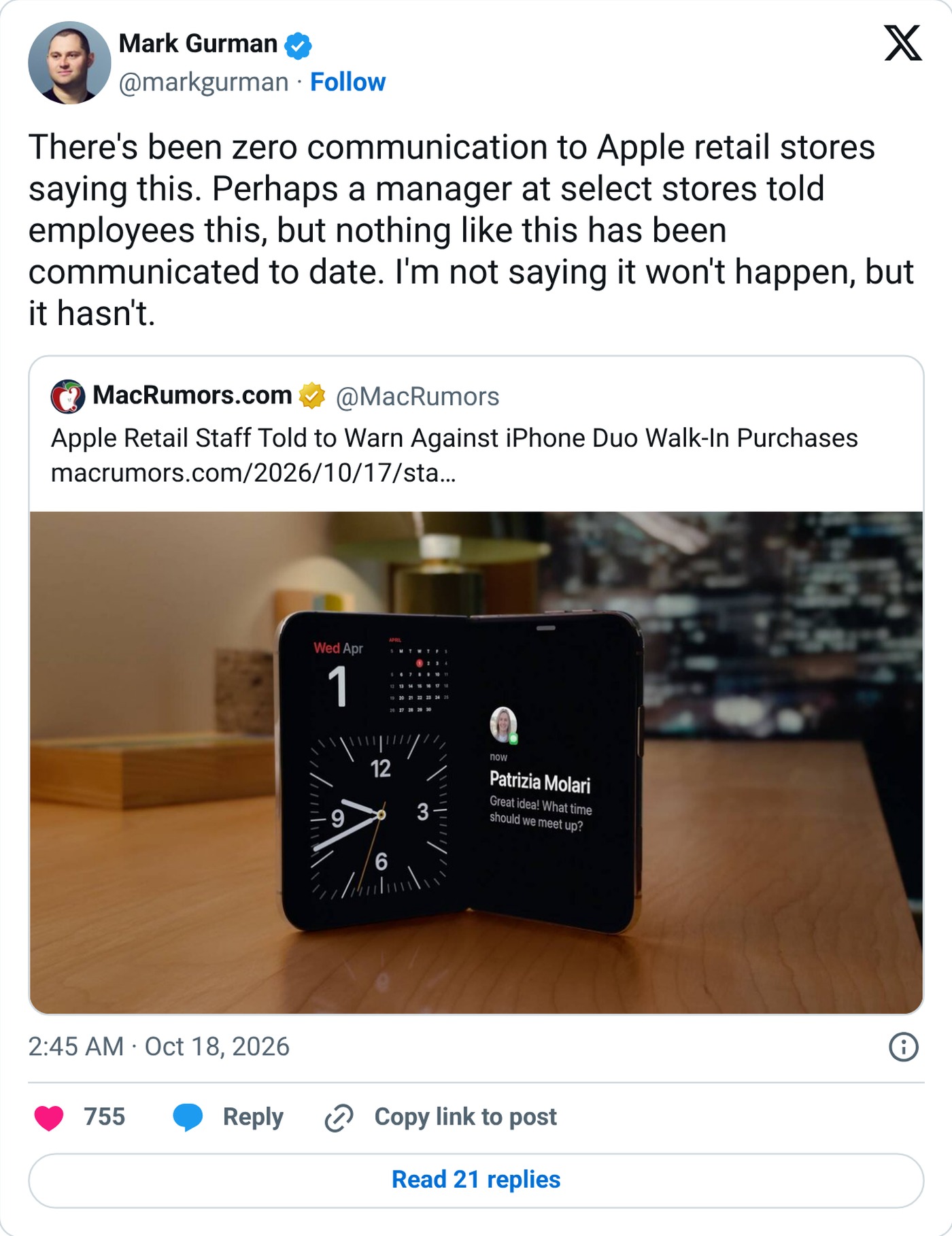 markgurman on X disputing the walk-in report