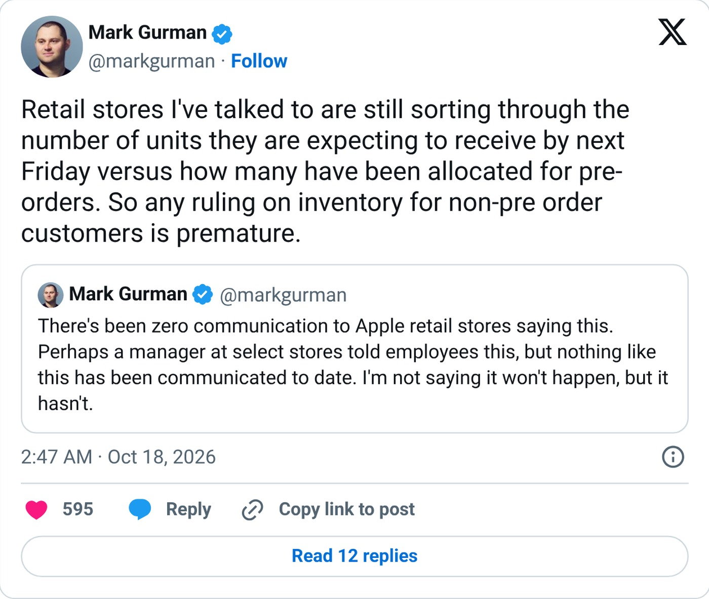 markgurman on X on store allocations for launch day