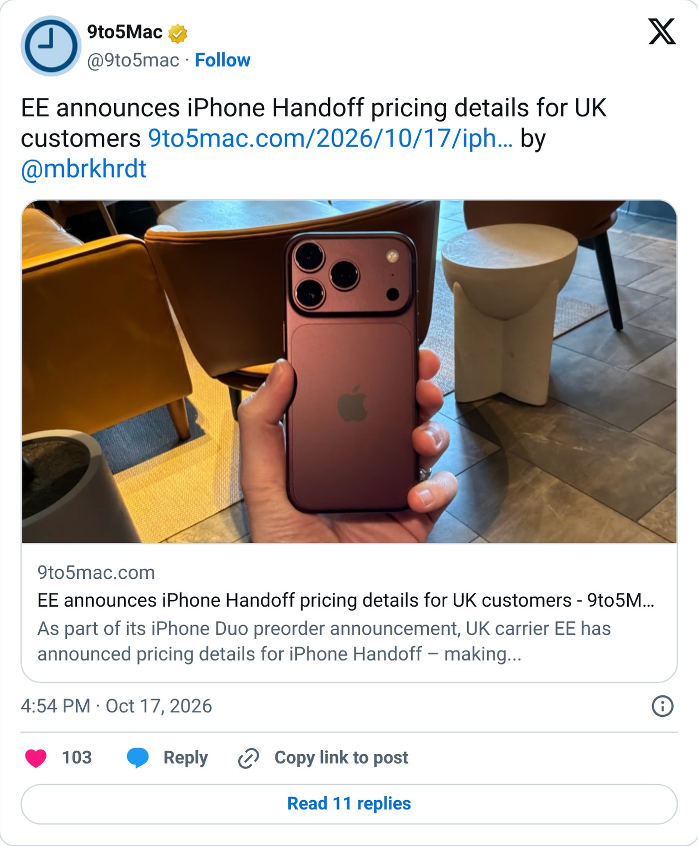 9to5mac on X reporting EE's iPhone Handoff pricing