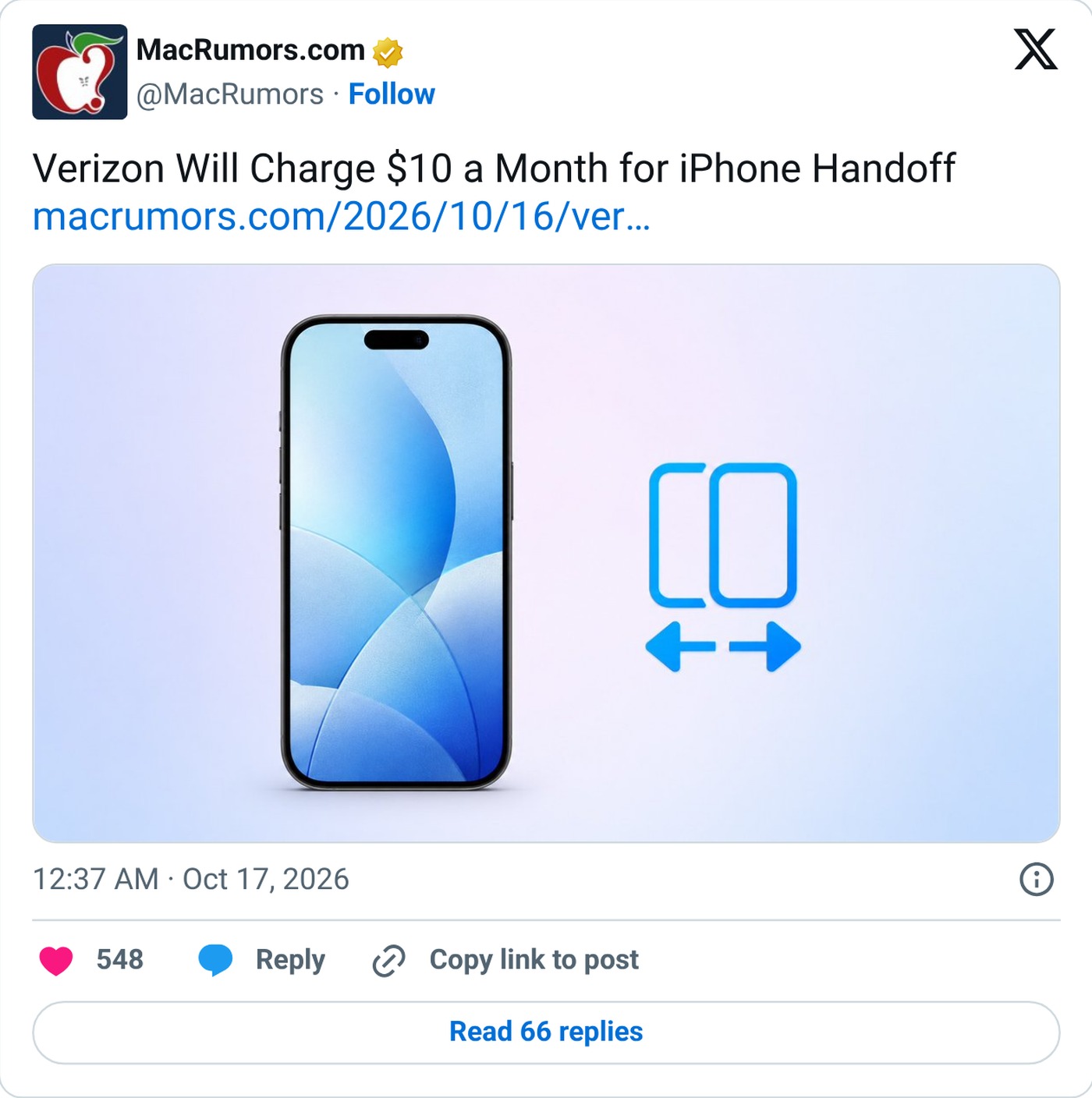 MacRumors on X reporting Verizon's $10 monthly charge