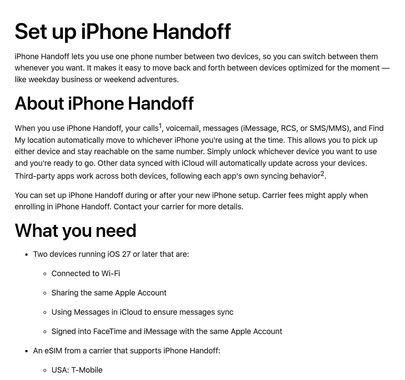 Apple's support page for setting up iPhone Handoff
