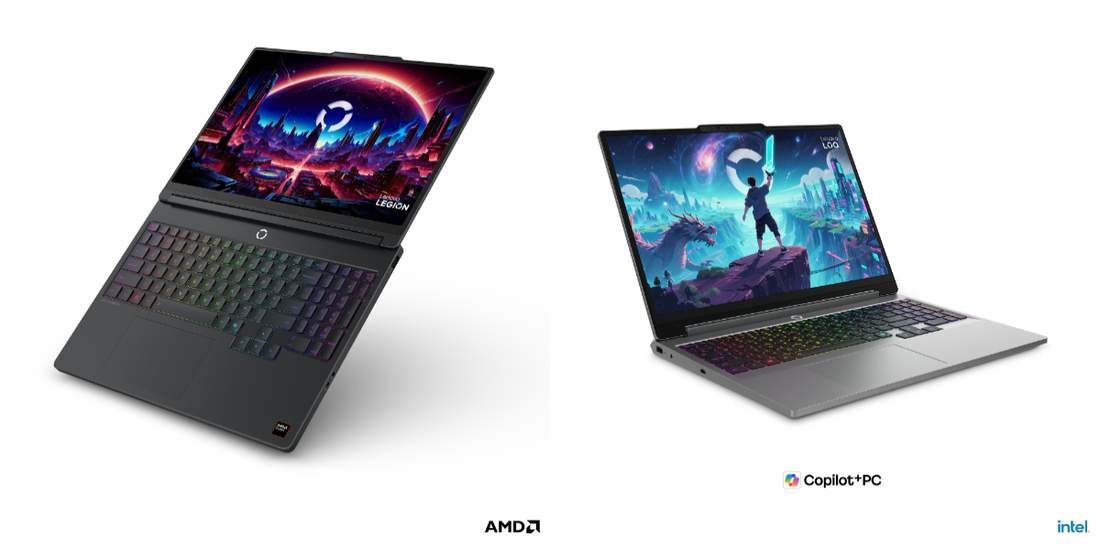 Lenovo Legion 5a beside the LOQ 15, labeled AMD and Intel Copilot Plus PC