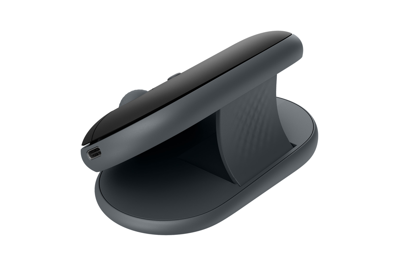 The Pebble Up in Graphite with its shell raised into the tilted position.
