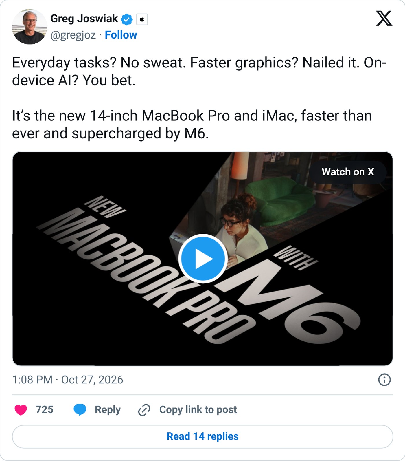 Greg Joswiak, Apple’s marketing chief, announced the new Macs on X.