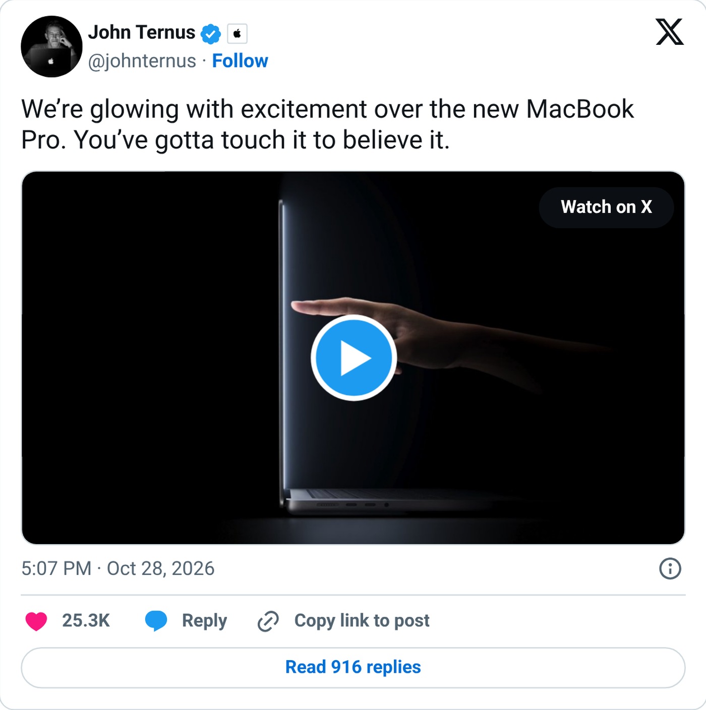 Screenshot: @johnternus on X, Oct. 28, 2026
