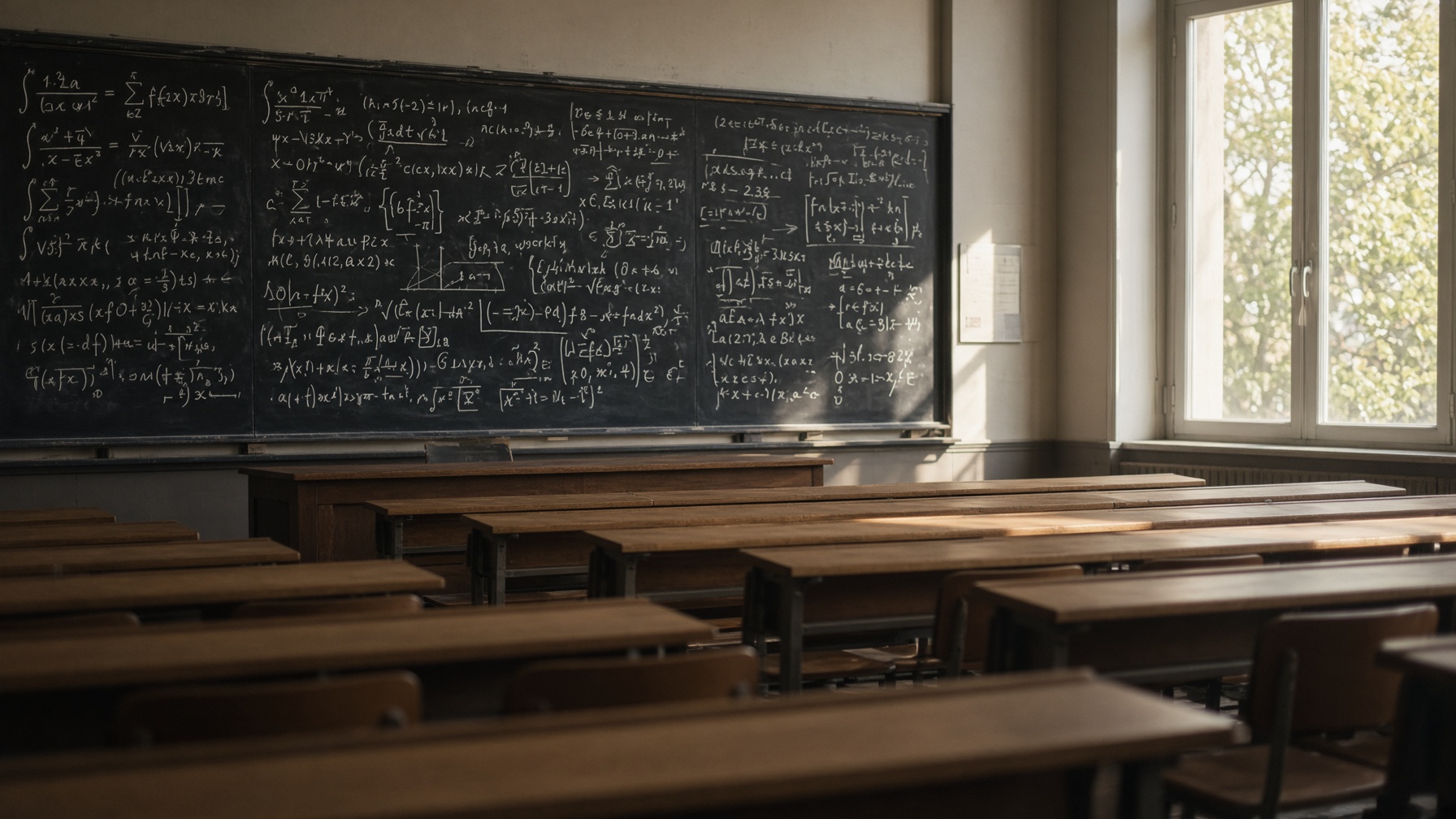 An empty lecture hall with a blackboard of dense mathematical notation
