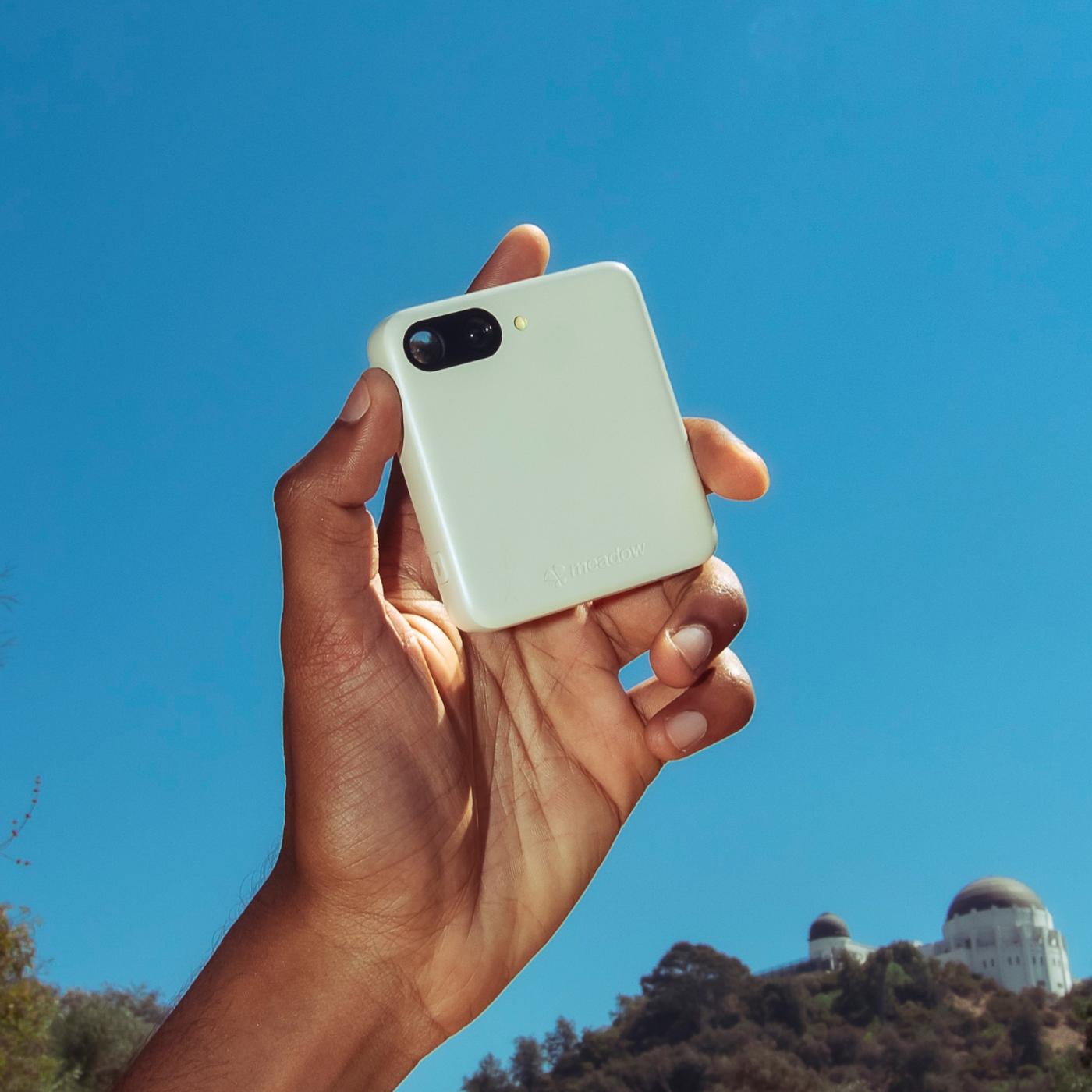 Meadow phone held against sky