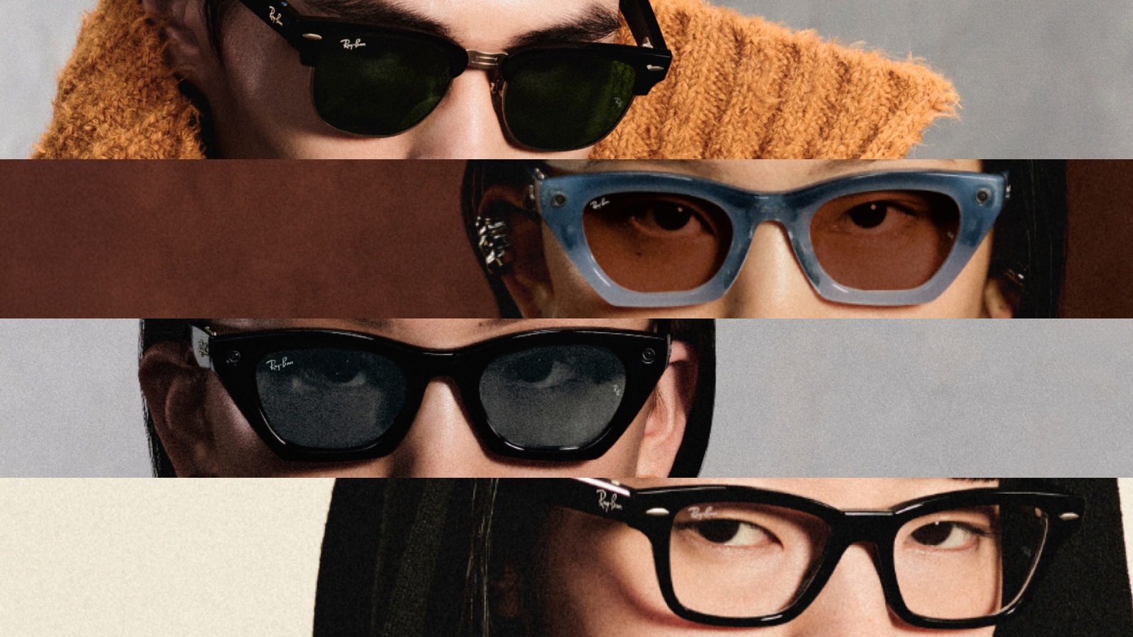 Four people wearing different Ray-Ban Meta frame styles