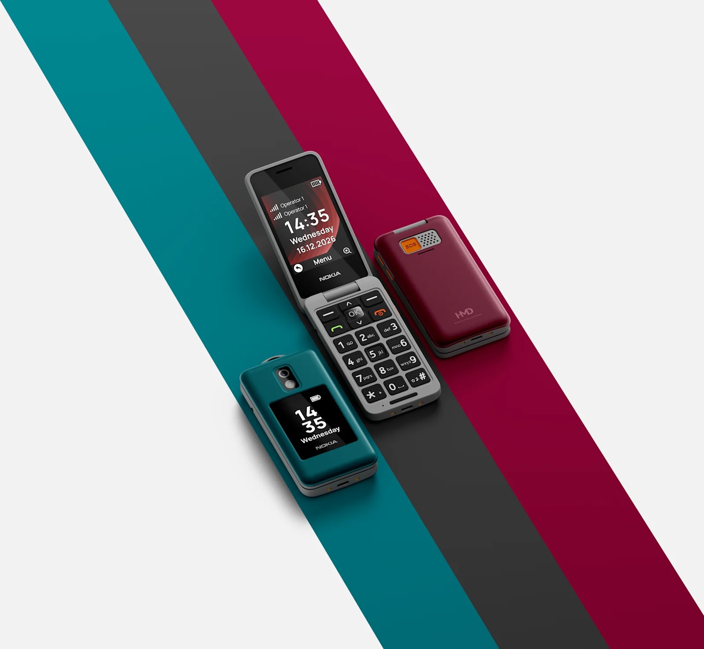 The Nokia 2360 Flip in Teal, Charcoal and Burgundy Red.