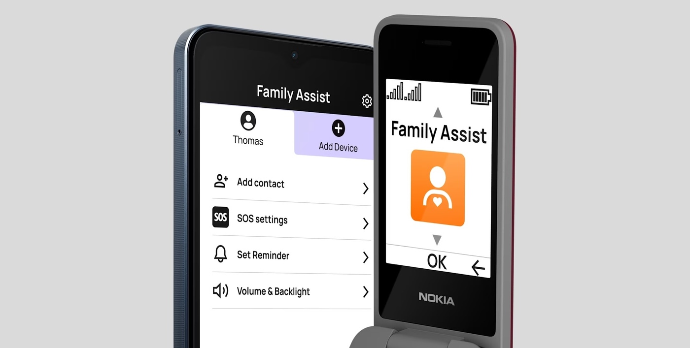 Family Assist lets a relative manage contacts, reminders and SOS settings from a smartphone.