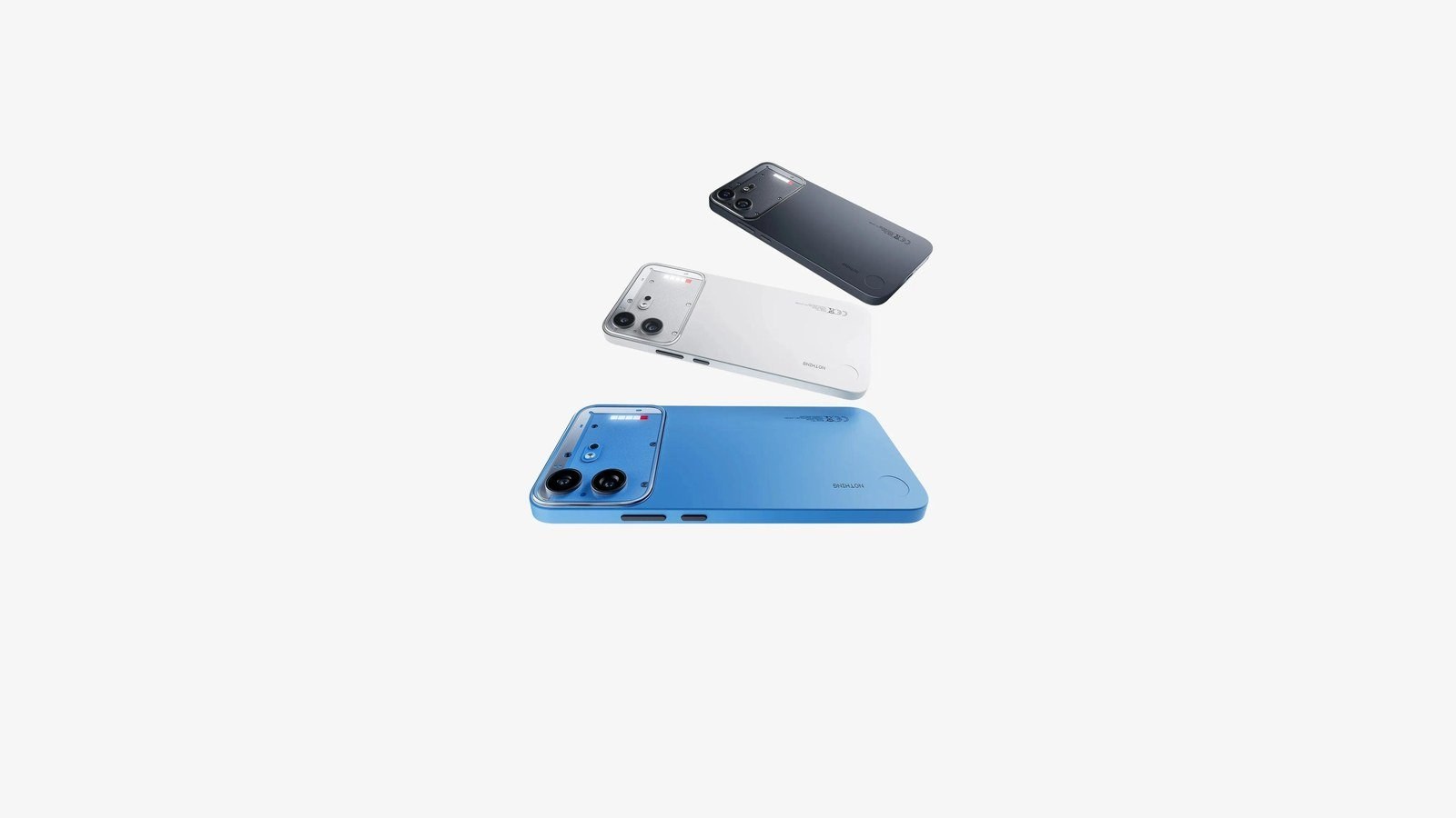 Nothing Phone (4b) in black, white, and blue