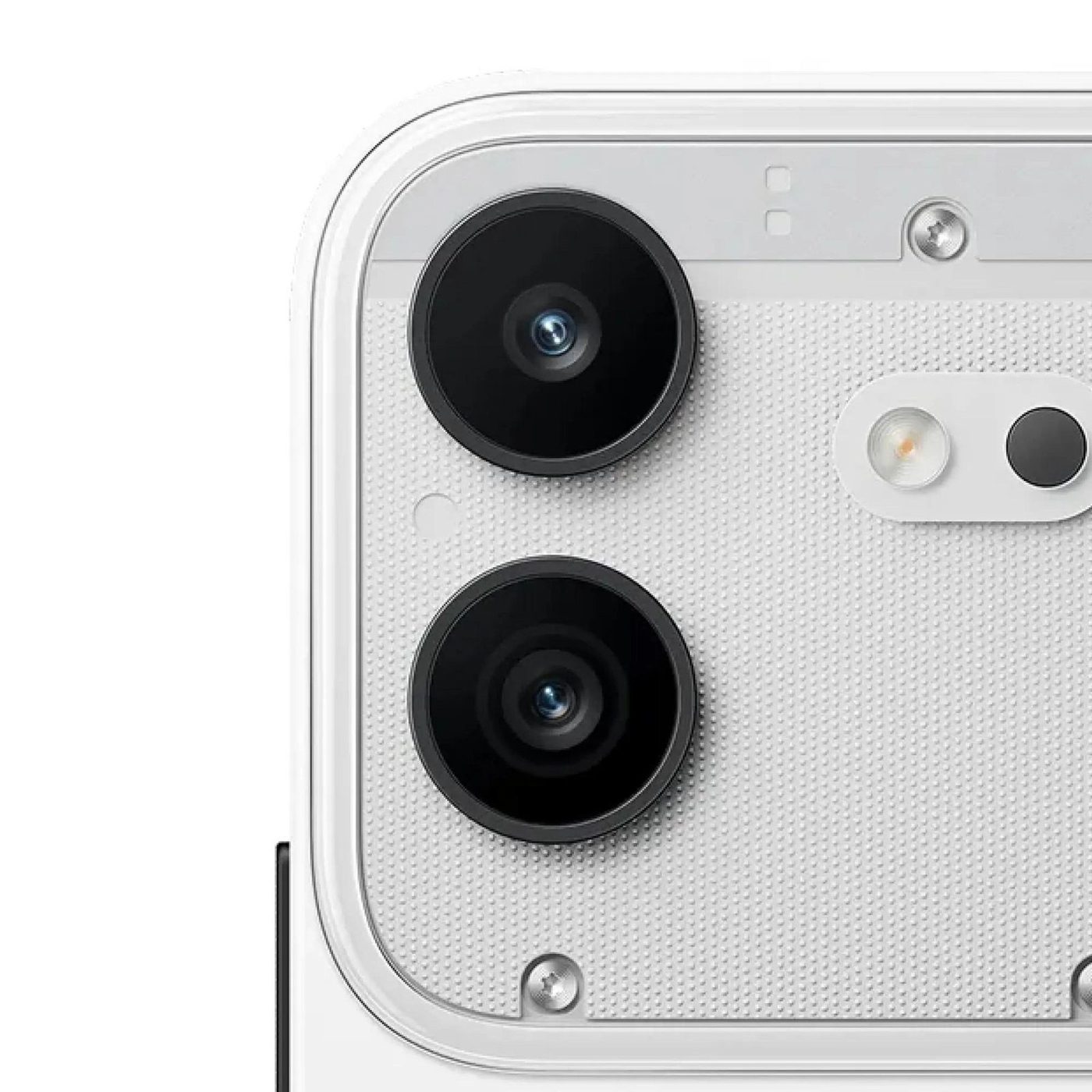 Close-up of the Nothing Phone (4b) dual rear cameras on a white Glyph panel