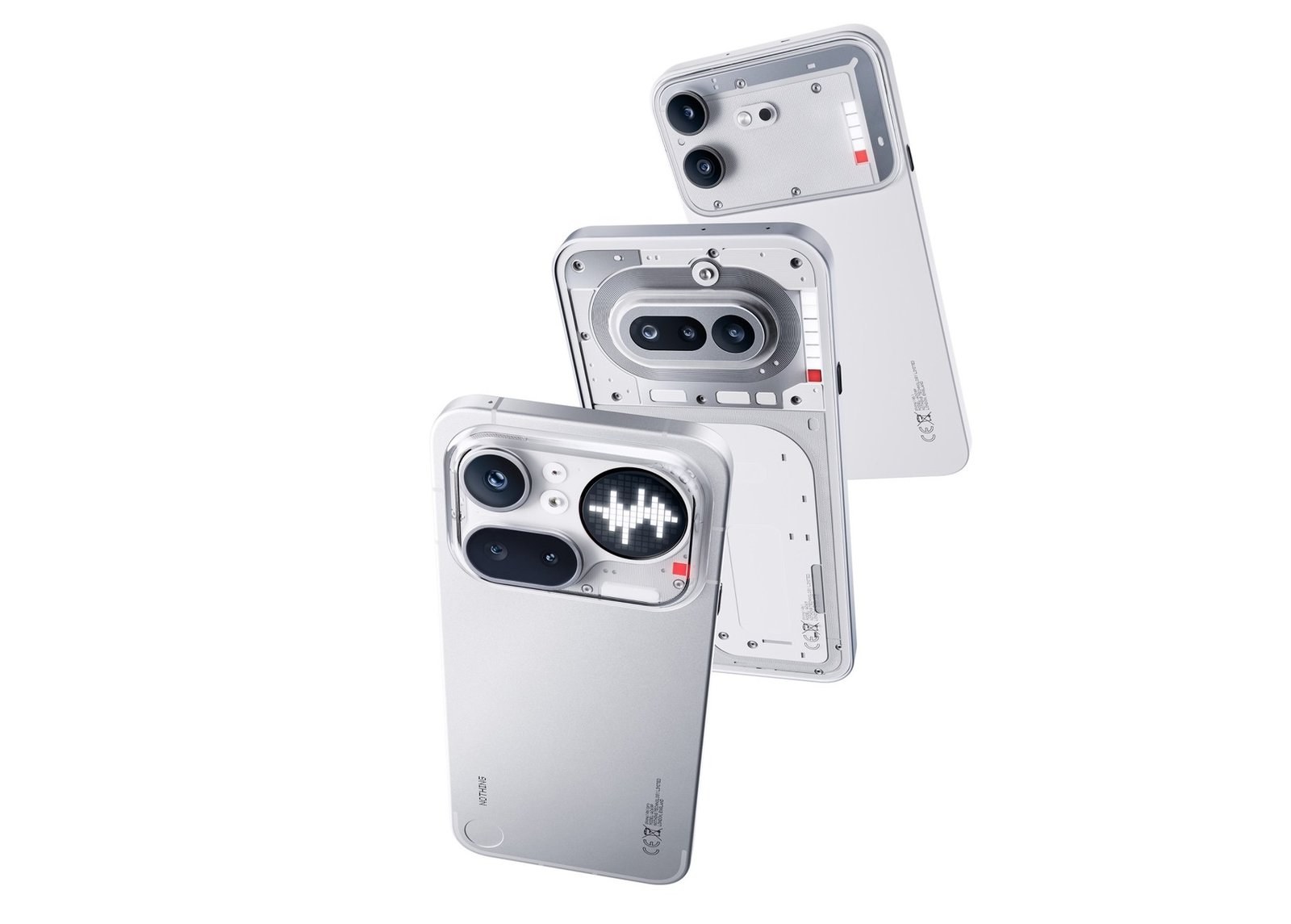 Nothing Phone (4b) and related Glyph-bar phones in silver