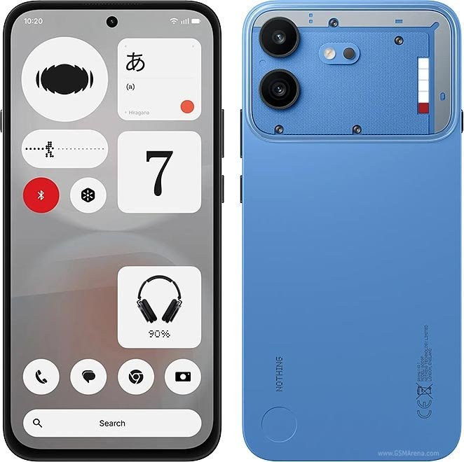 Nothing Phone (4b) front Essential widgets and blue rear Glyph Bar