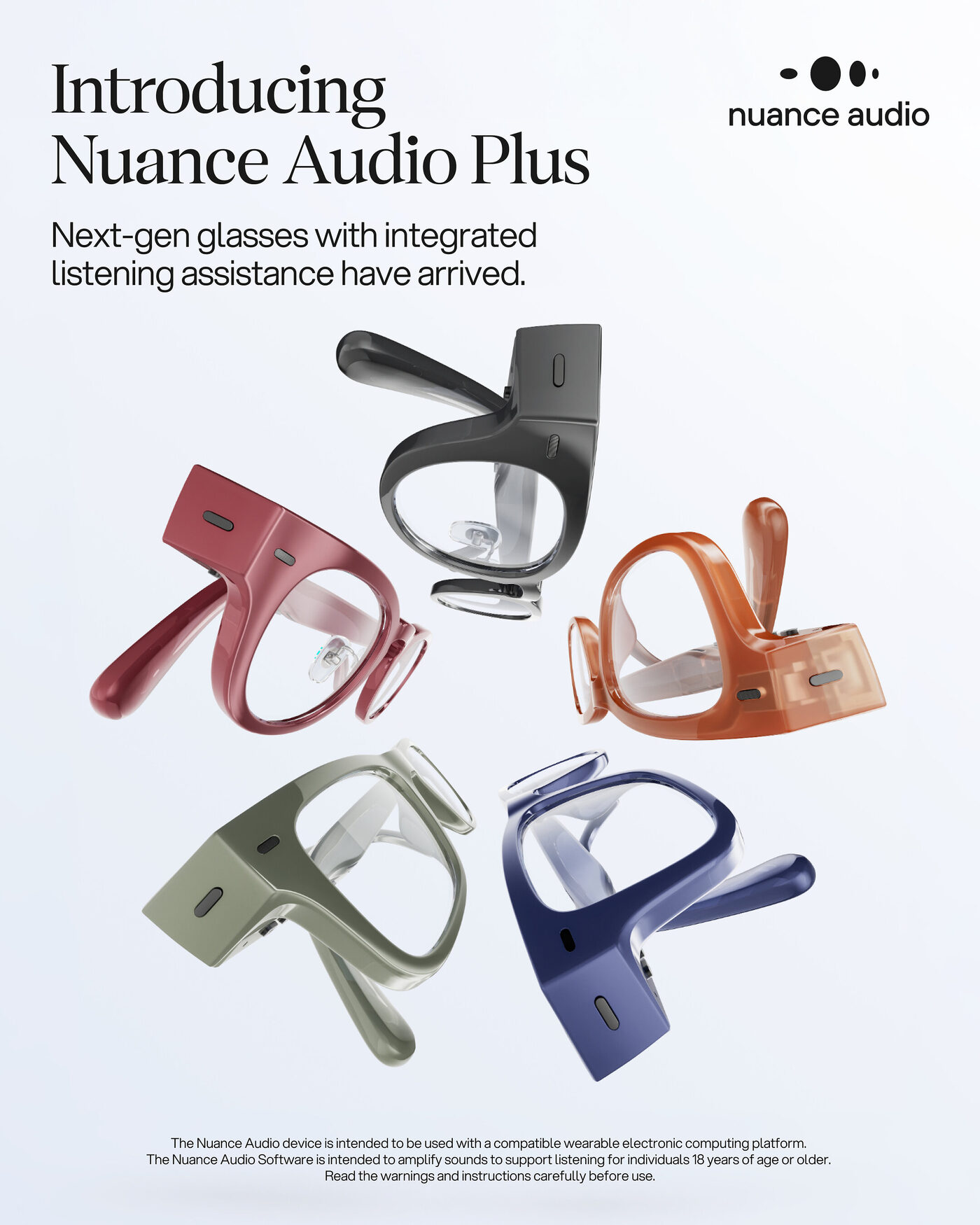 Five Nuance Audio Plus frames in burgundy, black, amber, olive, and deep blue