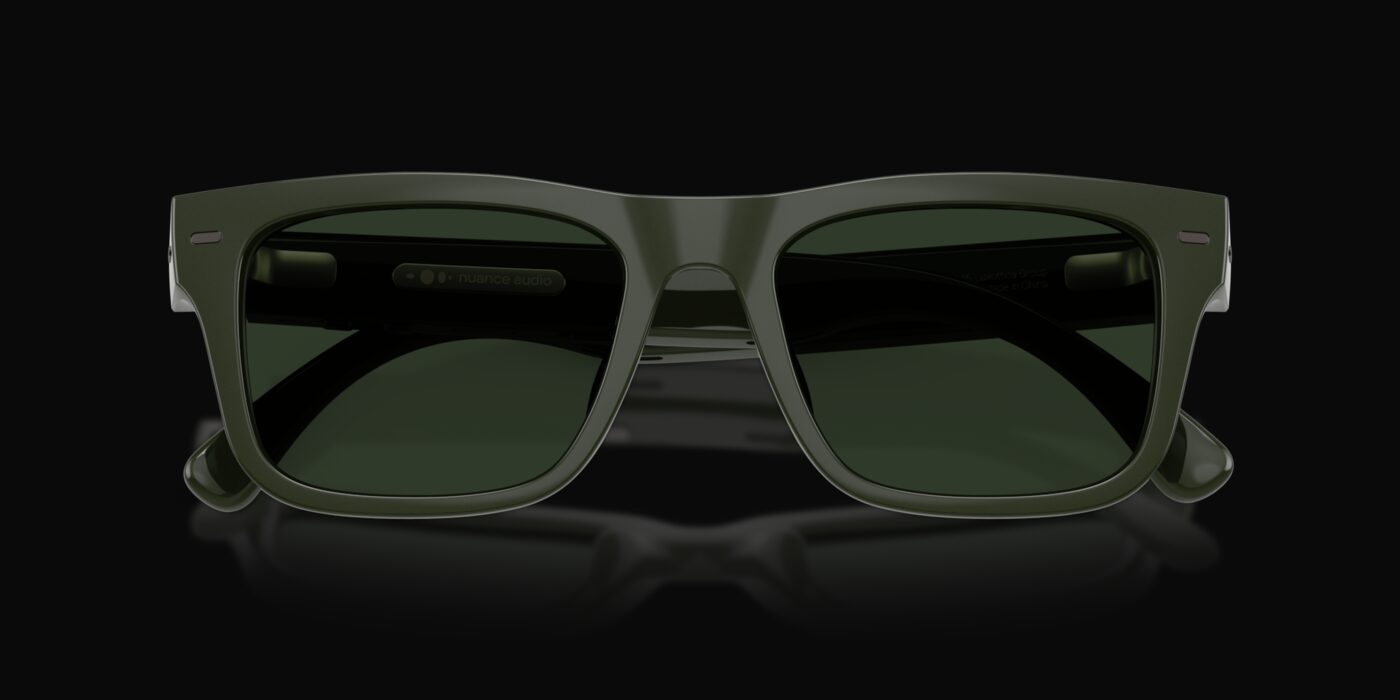 Olive green square Nuance Audio glasses on a black background