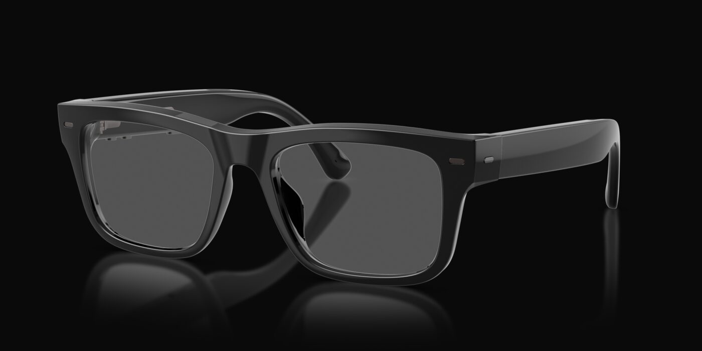 Deep blue square Nuance Audio glasses on a black background