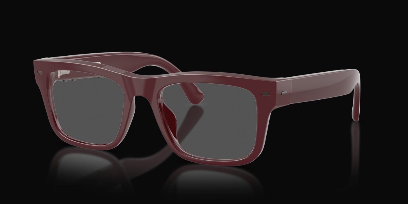 Shiny burgundy square Nuance Audio glasses on a black background