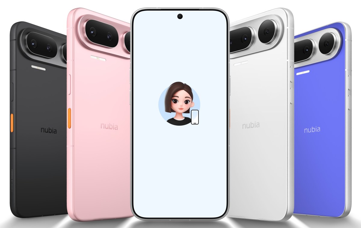 Nubia NaviX Ultra phones in black, pink, white and blue with assistant on screen