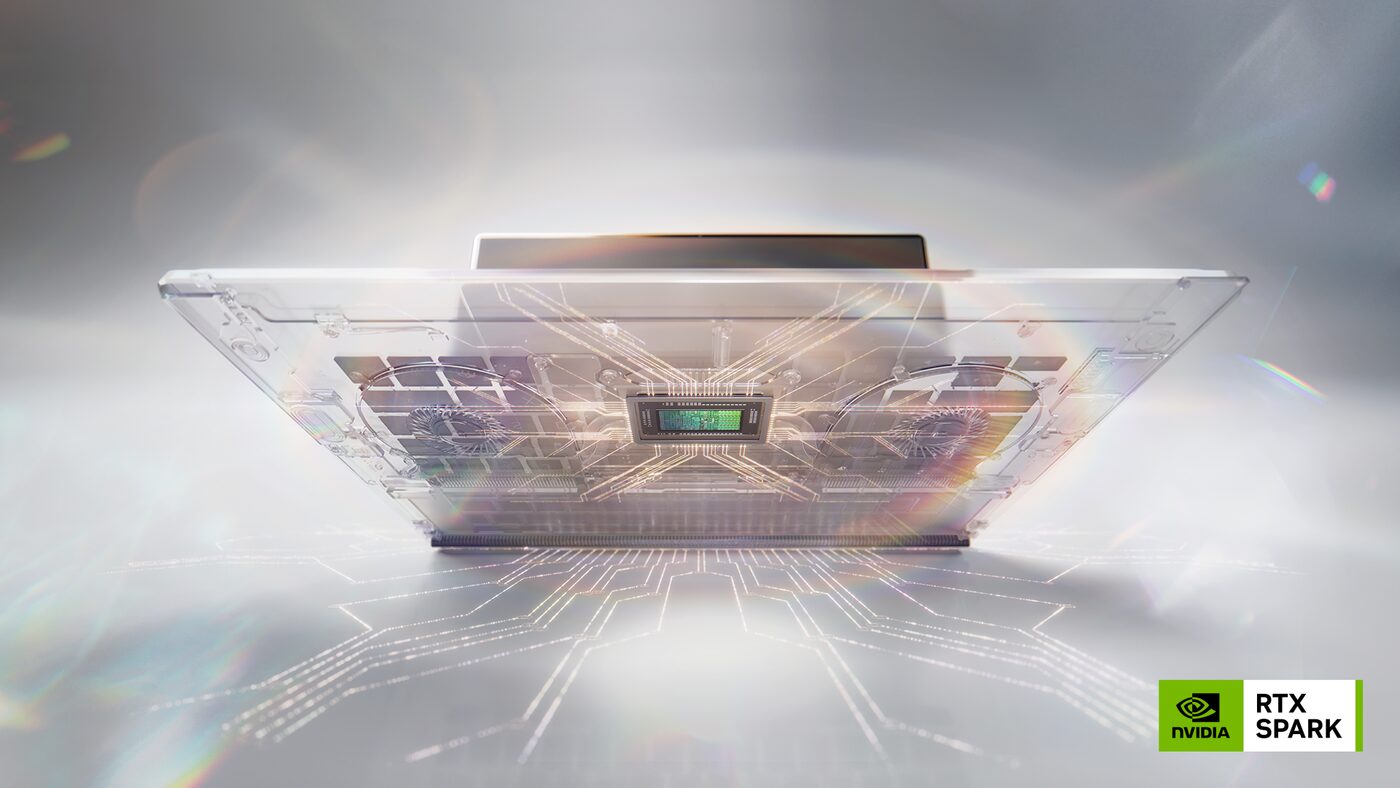 RTX Spark laptop with a transparent chassis, dual fans, and circuit overlay