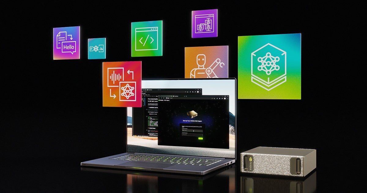 Laptop and DGX Spark with floating AI app tiles