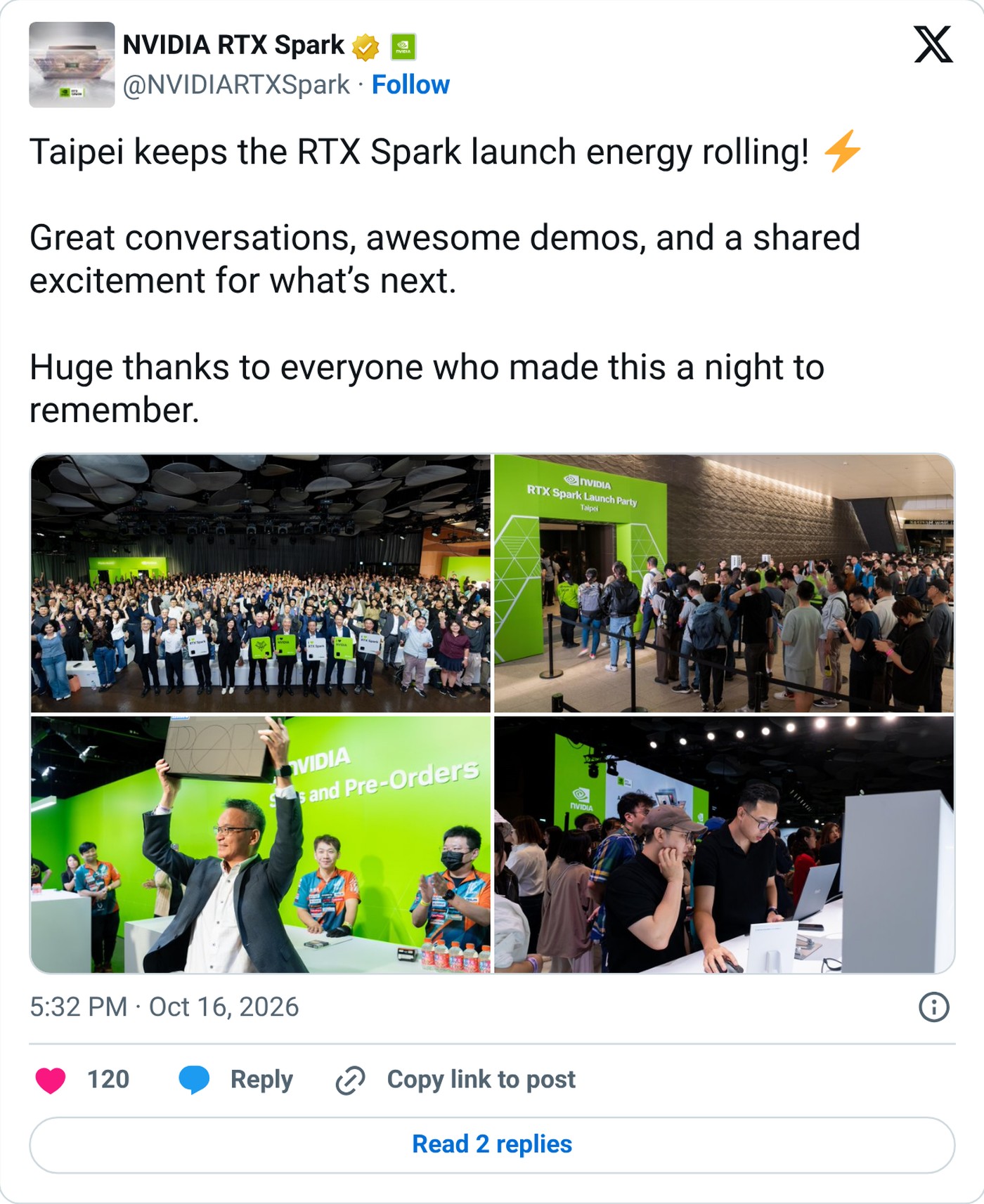 NVIDIARTXSpark on X from the RTX Spark launch event in Taipei