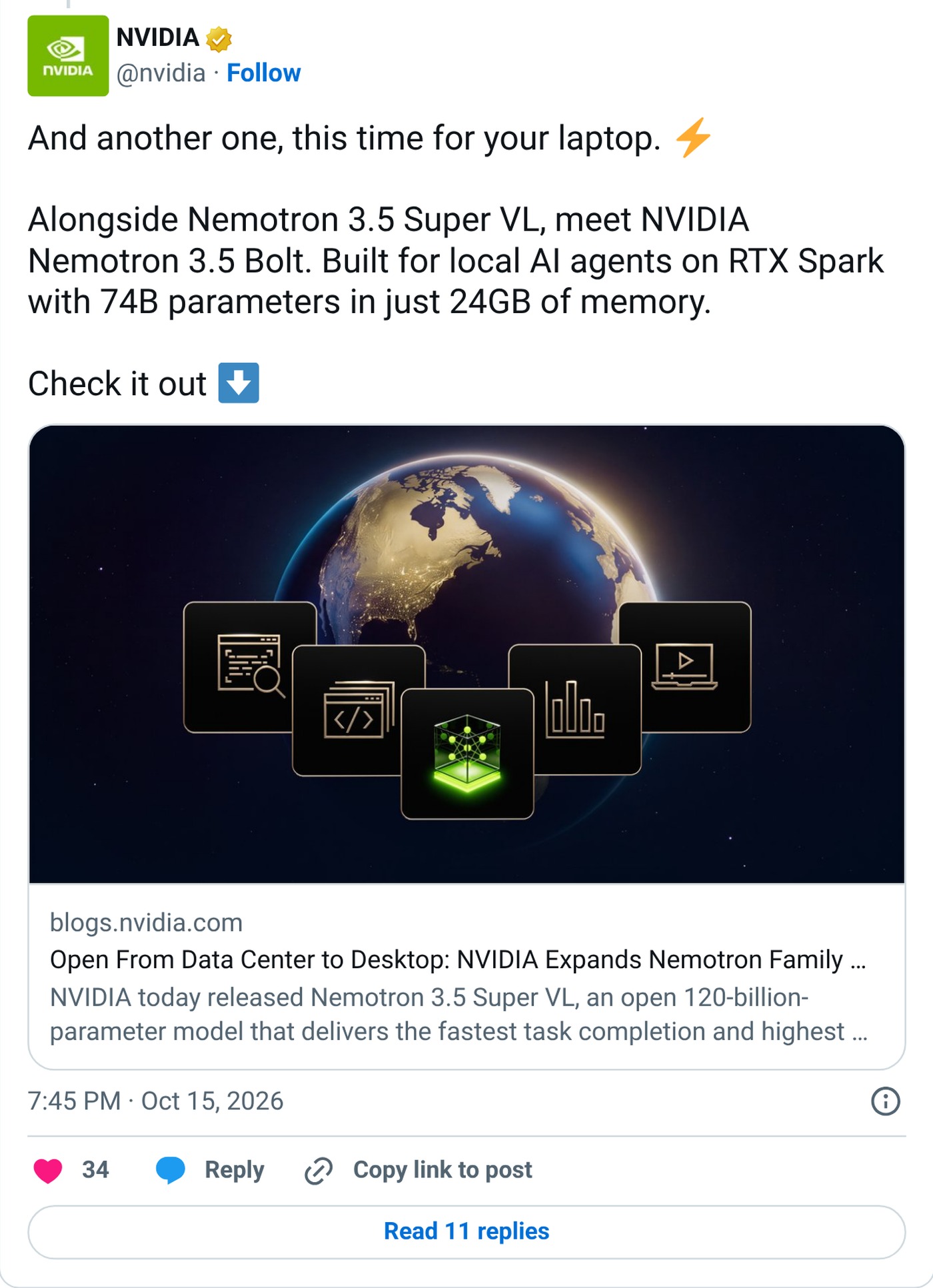 nvidia on X introducing Nemotron 3.5 Bolt for RTX Spark laptops