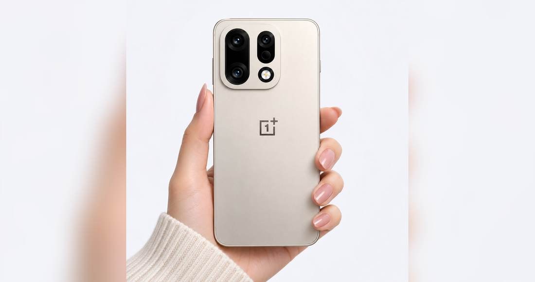 A champagne gold OnePlus phone held in a hand