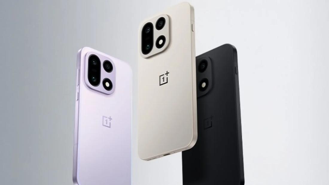 Three OnePlus phones in purple, cream, and black