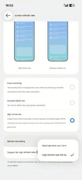 ColorOS refresh-rate settings showing a high refresh rate option of 165Hz