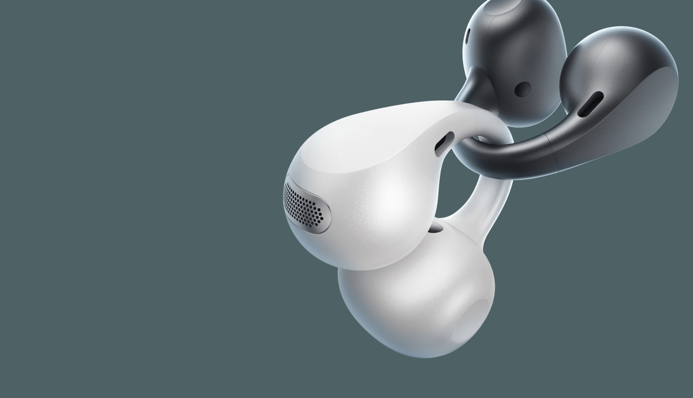 The Buds Clip in Pearl White and Pebble Gray.