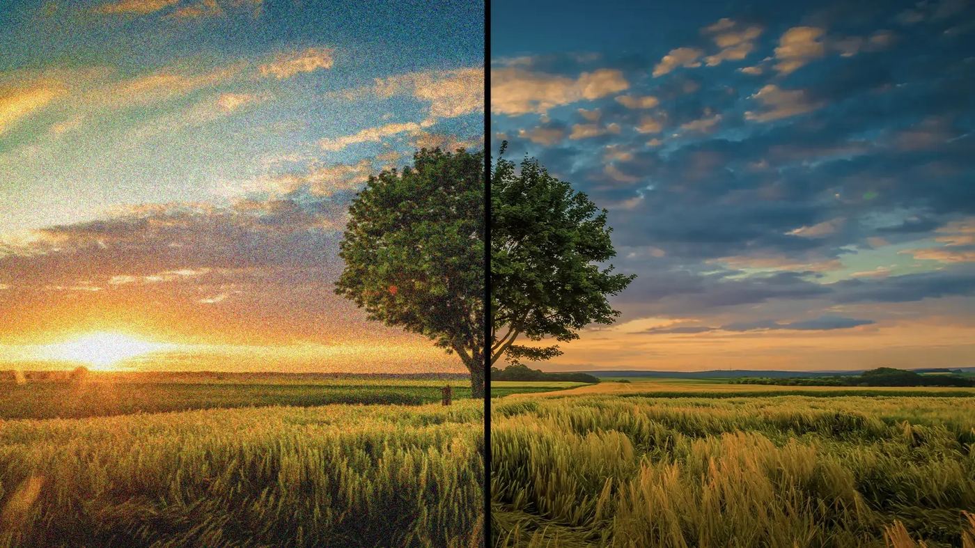 Split comparison of a noisy sunset field and a cleaner Glass Imaging result