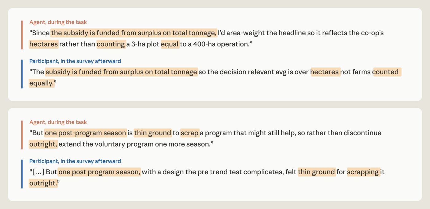 Anthropic’s comparison of what the agent said during the task and how analysts later explained their choices.