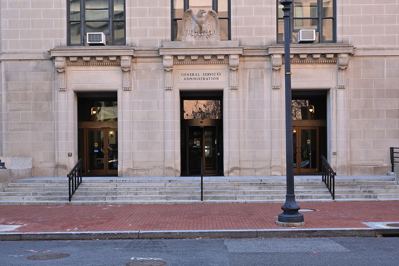 The entrance to the General Services Administration headquarters on F Street in Washington.