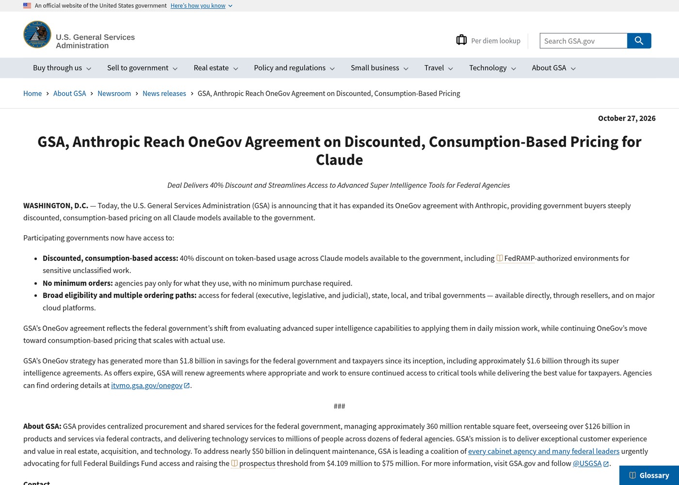 The GSA announcement of the expanded Anthropic agreement.