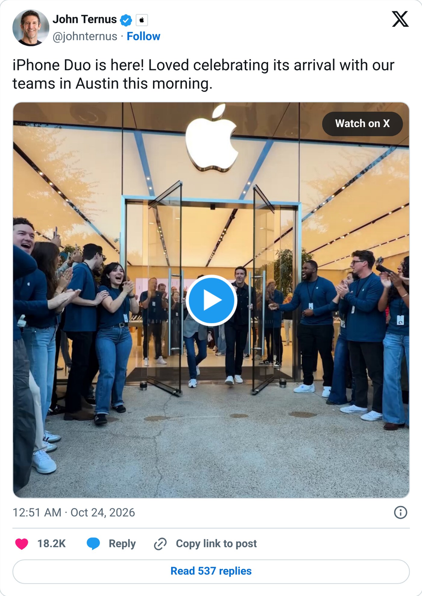 Screenshot: @johnternus on X, Oct. 23, 2026