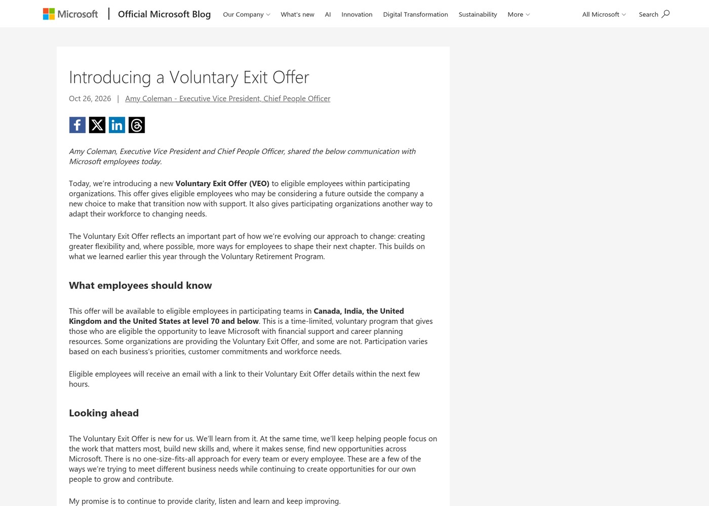 Microsoft’s blog post introducing the Voluntary Exit Offer.