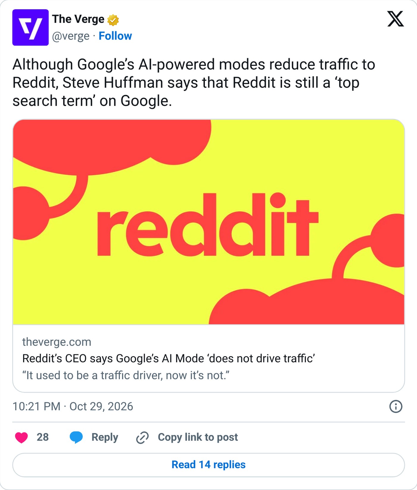 Screenshot: @verge on X, Oct. 29, 2026