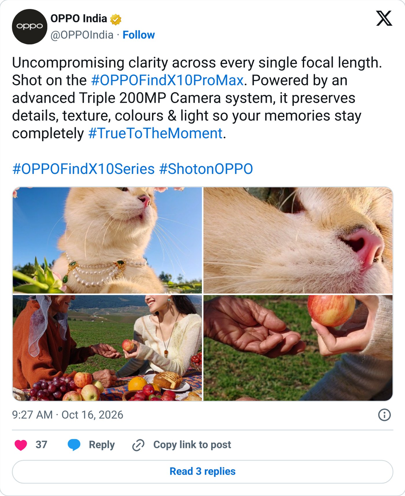 OPPOIndia on X showing Triple 200MP samples from the Find X10 Pro Max