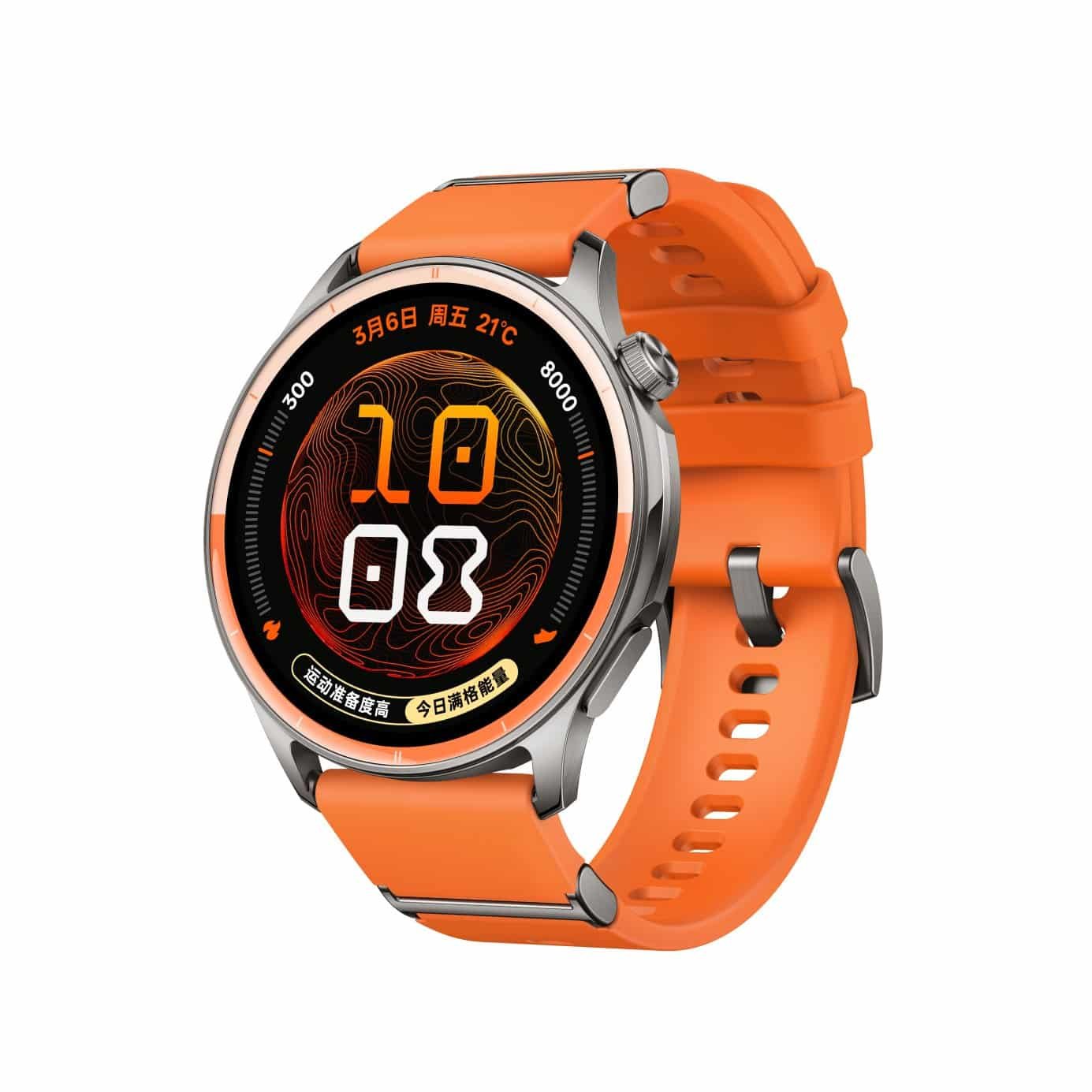 Angled view of the orange OPPO Watch S2 case and strap
