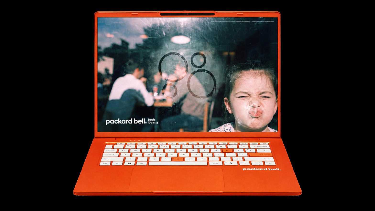 Orange Packard Bell DotBook laptop with Tech it easy lock screen