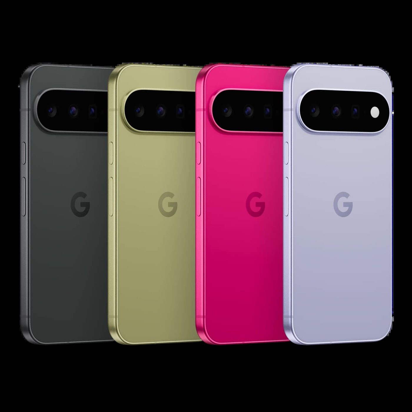 Pixel phones in dark gray, yellow-green, magenta, and lavender