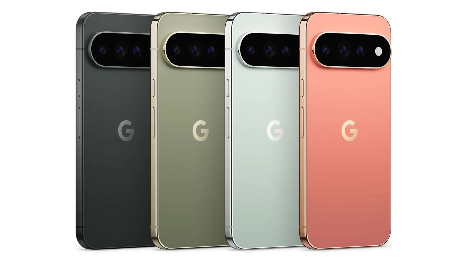 Pixel phones in Obsidian, Olive, Fog, and Canyon