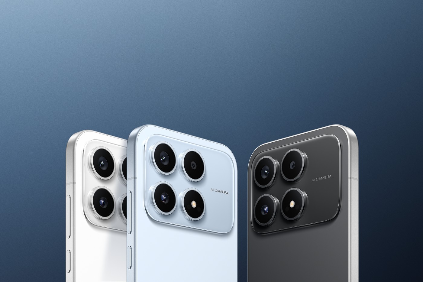 The Poco X8s in White, Blue and Black.