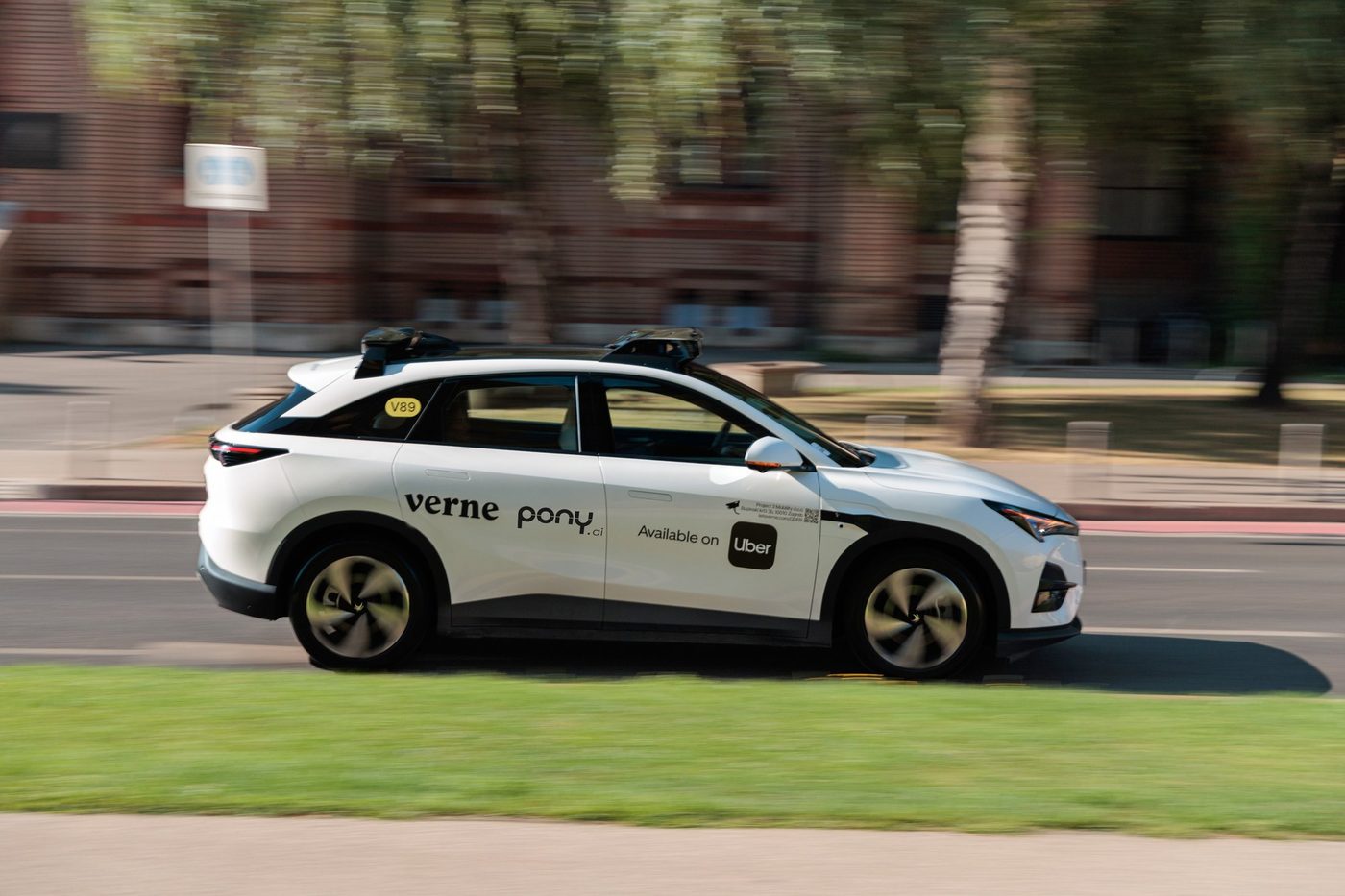 White Verne Pony.ai robotaxi marked available on Uber