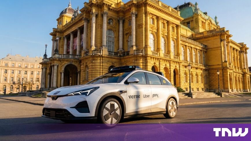 Verne robotaxi in front of a landmark in Zagreb