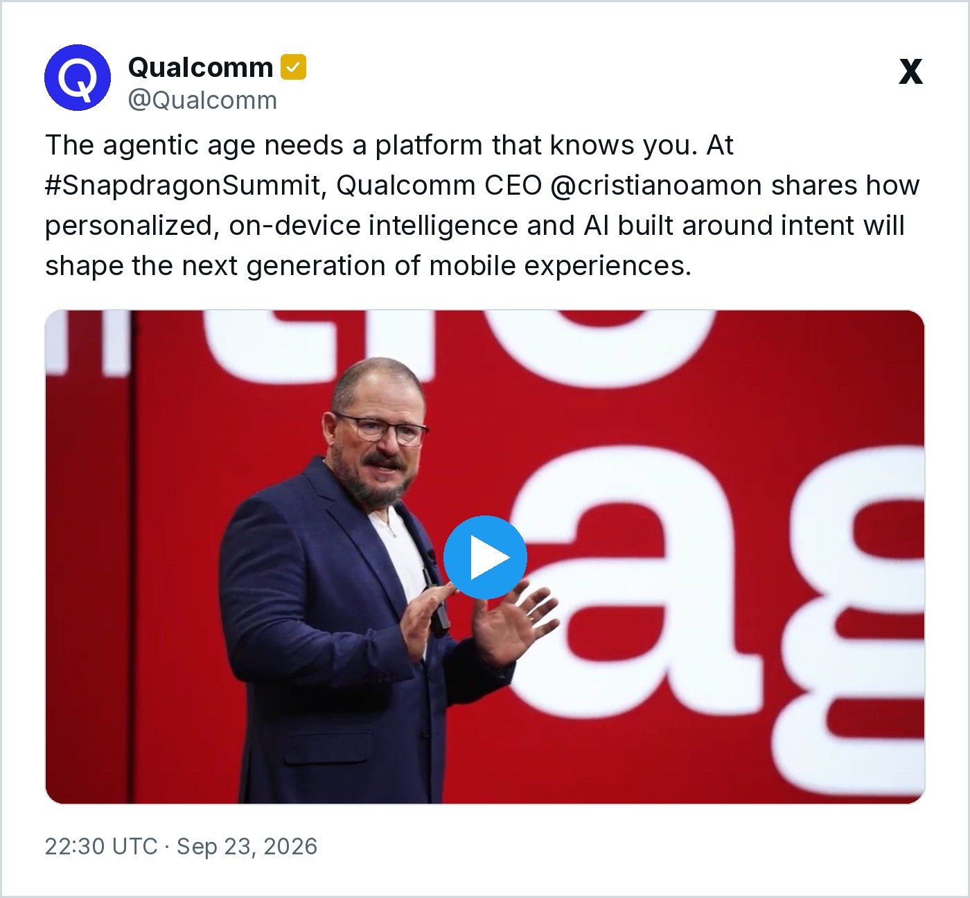 Screenshot from Qualcomm’s X account showing Snapdragon Summit agentic AI clip