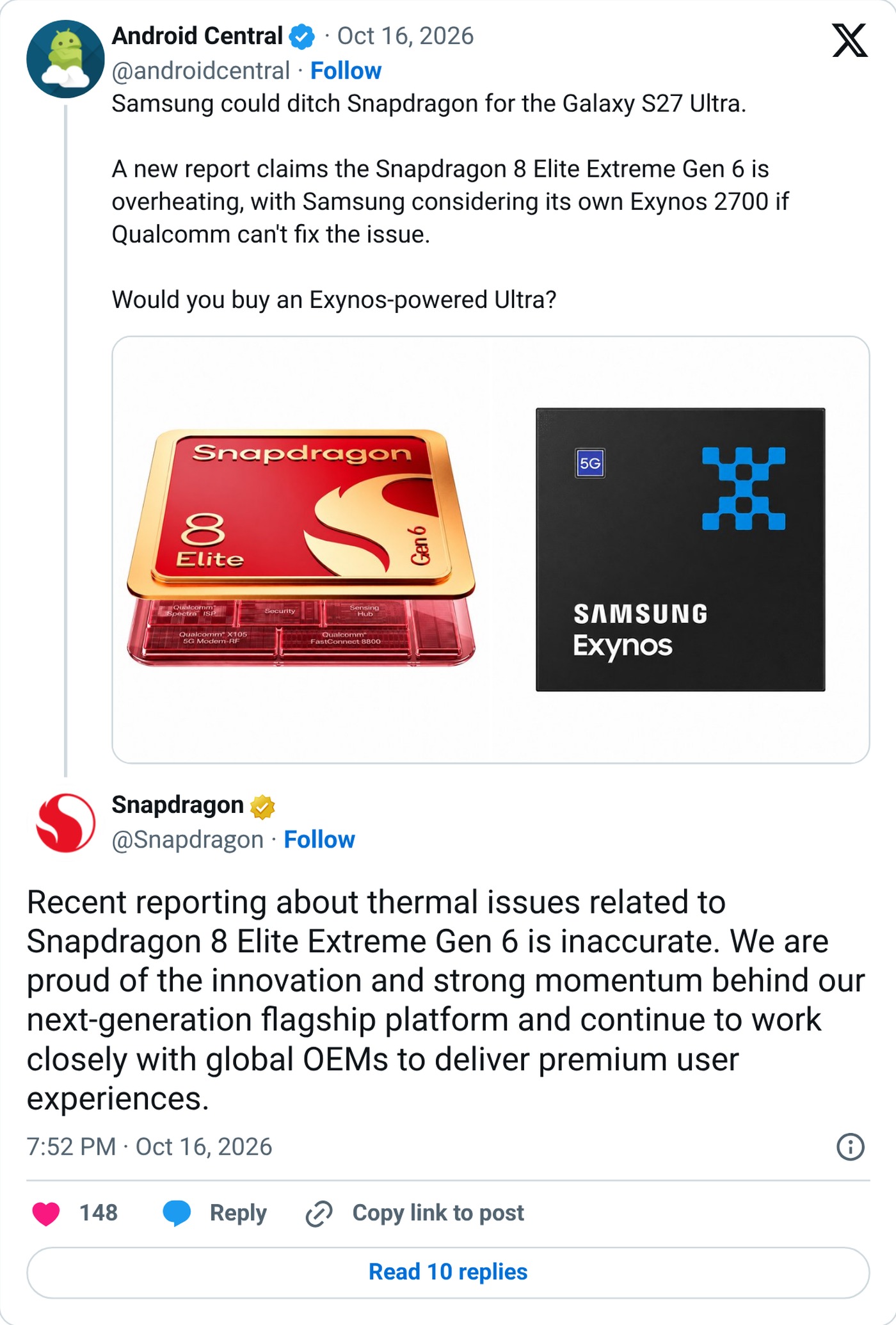 Snapdragon on X posting Qualcomm's statement on the report