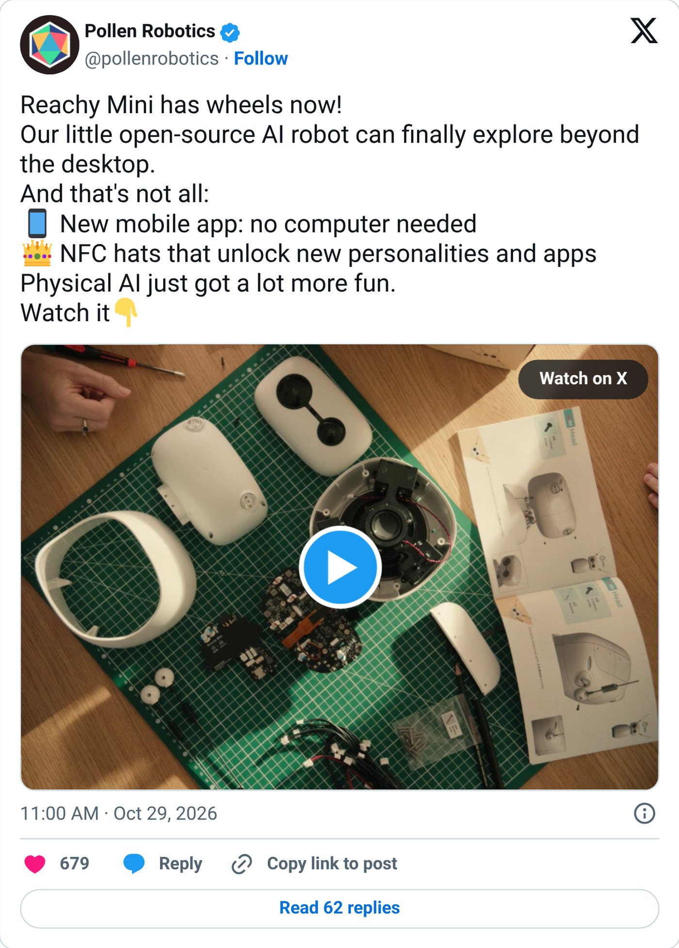 Screenshot: @pollenrobotics on X, Oct. 29, 2026