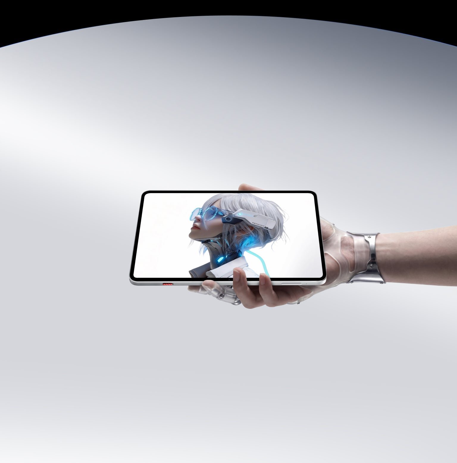 A hand holding the REDMAGIC Astra 2 in landscape, with a silver-haired android on screen